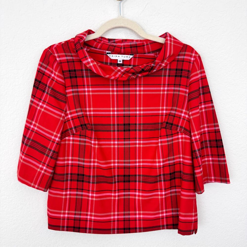 Trina Turk Womens Kailee Top Blouse Size M Plaid Holiday Festive Cowl Neck Red